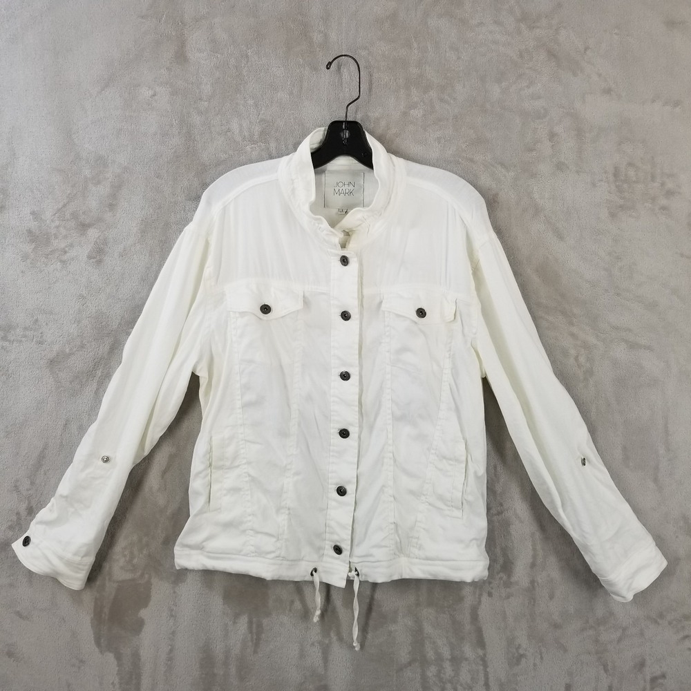 John Mark Jacket Large White Linen Blend Roll Tab Sleeve Minimal Wire‎ Collar